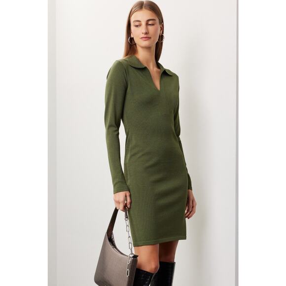Ronny Kobo Sz XS Green Long Sleeve Polo Collar Sweater Mini Dress v-neck solid - Picture 1 of 7